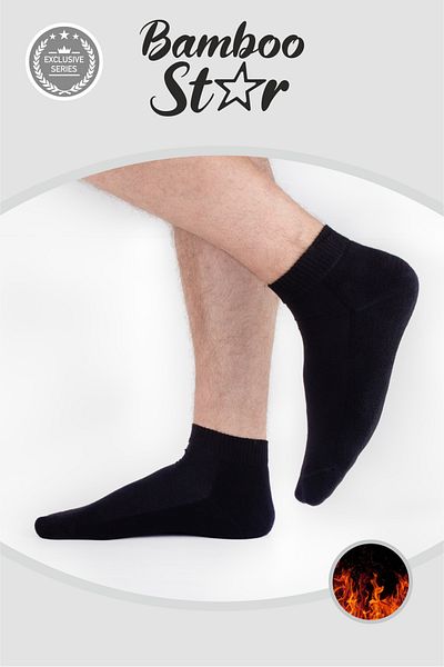 bamboo star Мъжки термо чорапи Base Terry Cotton Winter Thick Premium Black Half Lock Socks, чифт от 3