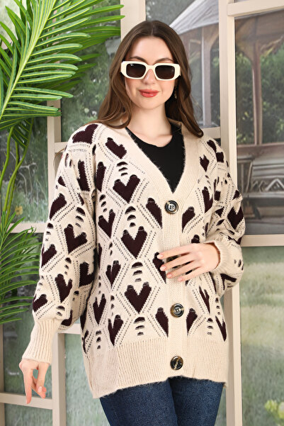 Kayaka triko Oversize Soft Heart Patterned Knitted Detail Buttoned Strickery ...