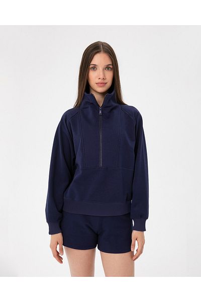 Ayma Active Navy Blue Stand Collar Half Zipper Oversize Sweatshirt