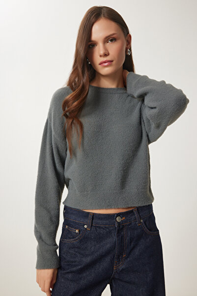 Lovelyİstanbul Gray Crop Knitwear Sweater - Soft Textured Lns0011