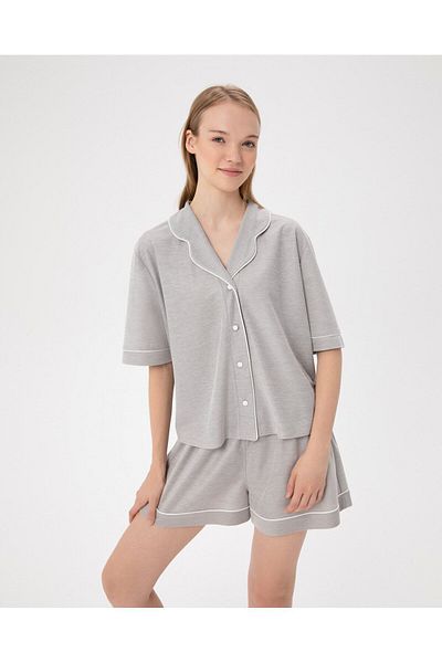 Ayma Active Women's Gray Buttoned Short Sleeve Pajama Shirt