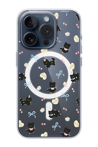 shoptocase iPhone 15 PRO Uyumlu Lovely Cat Desenli MagSafe Şeffaf Silikon Tel...