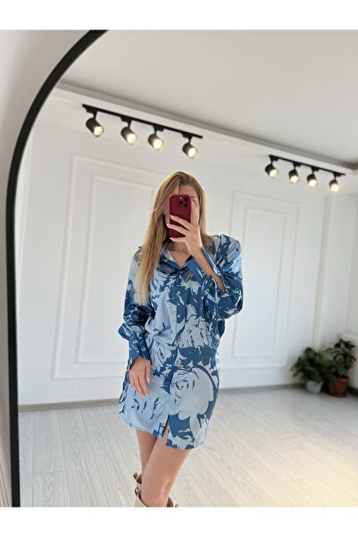 Store Vatkalı Manşet Detaylı Saten Gömlek Elbise - Mavi