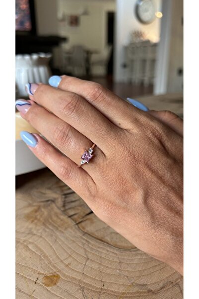 Venüs Doğal Taş Pembe Kuvars Kare Prenses Rose Gold Yüzük
