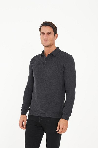Maccali Men's Classic Buttoned Basic Winter Long Anthracite Polo Neck T-Shirt