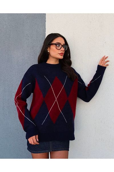 Askı Nişantaşı Πλεκτό πουλόβερ με σχέδιο Navy Blue Argyle Oversize