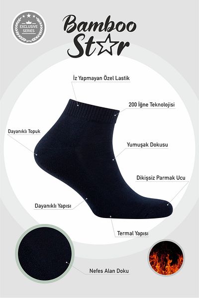 bamboo star Термо мъжки чорапи Base Terry Cotton Winter Thick Premium, тъмносини, половин крак, комплект от 12 броя