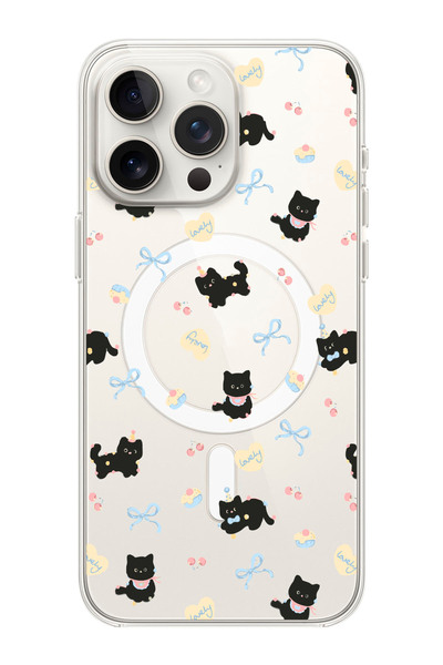shoptocase iPhone 15 PRO MAX Uyumlu Lovely Cat Desenli MagSafe Şeffaf Silikon...