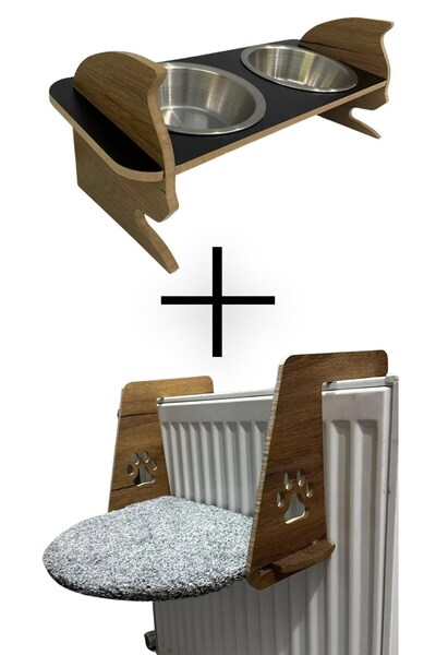 SENNEDİLERSEN Kalorifer Kedi Yatağı ve Ahşap İkili Çelik Taslı Kedi Mama ve S...