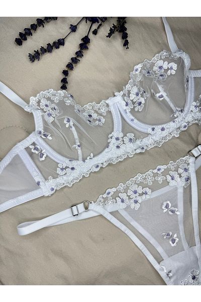 ROZENİN LINGERIE Λευκό λιλά Floral Underwire Σετ σουτιέν από τούλι χωρίς καπάκι (ΣΟΥΤΙΕΝ TANGA)