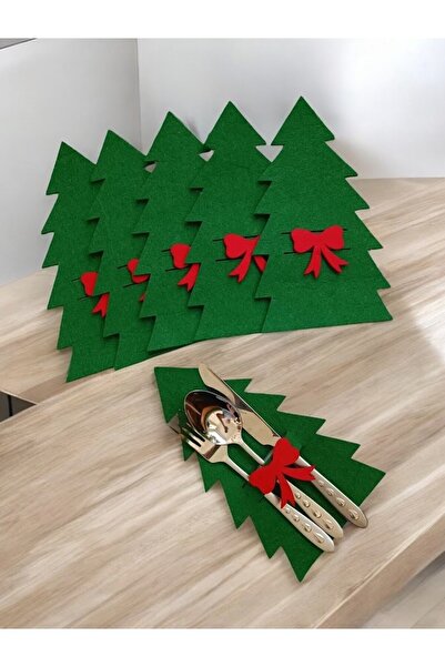 Denseden Yeşil 6 Adet Dekoratif Çam Ağacı Peçetelik Çatal Kaşıklık Keçe Yılbaşı Süsü