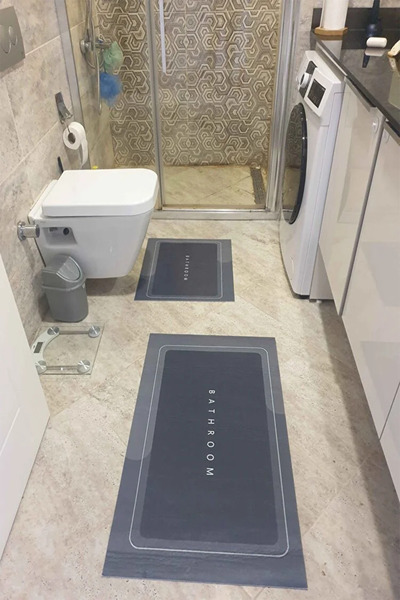 Else Halı Else Antrasit Bathroom Yazılı Desenli Yıkanabilir Kaymaz Taban 2li Banyo Halısı Paspas Klozet Takımı