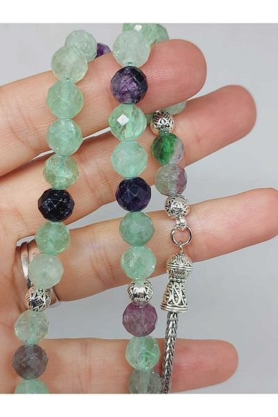 Yasamtohumu Fluorite Stone Top Segment Facet Cut 33' Locket Prayer Beads 8mm (42570)