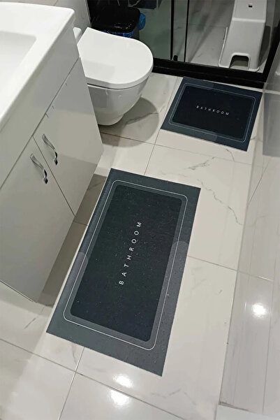 Else Halı Else Antrasit Bathroom Yazılı Desenli Yıkanabilir Kaymaz Taban 2li Banyo Halısı Paspas Klozet Takımı