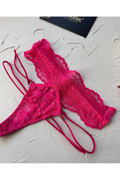 İntive Lingerie Intive φούξια ροζ δαντέλα ψηλόμεσο φανταχτερό στρινγκ με ρίγες στο πλάι