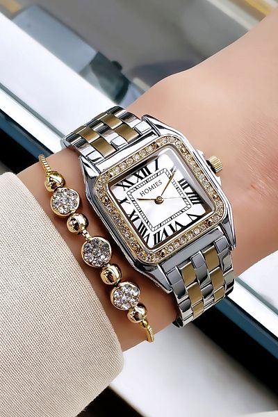 Homies Special Boxed Square Case Women's Wristwatch 3 Atm Waterproof Two Colors Steel Band + Bracelet Hmb3009C2