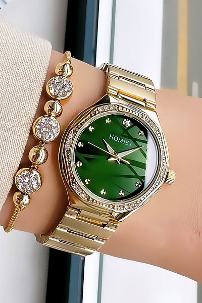 Homies Gold Color 3 Atm Waterproof Women's Wristwatch - Cutout Case, Steel Band + Bracelet Hmb3007C2
