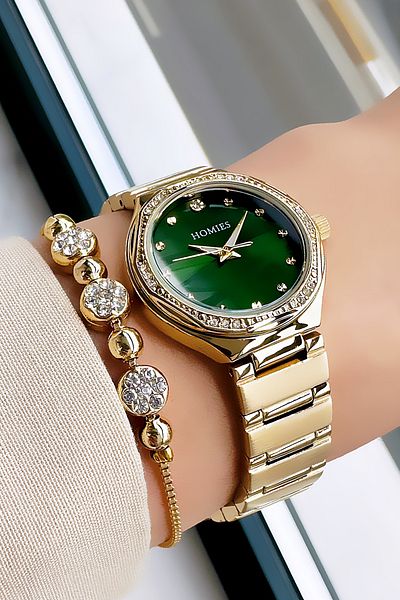 Homies Gold Color 3 Atm Waterproof Women's Wristwatch - Cutout Case, Steel Band + Bracelet Hmb3007C2