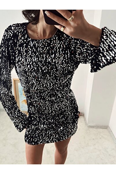 SANX Kadın Siyah Pul Payet Sırt Dekolteli Elbise Mini Uzun Kollu Parti Davet Abiye Mezuniyet Elbisesi