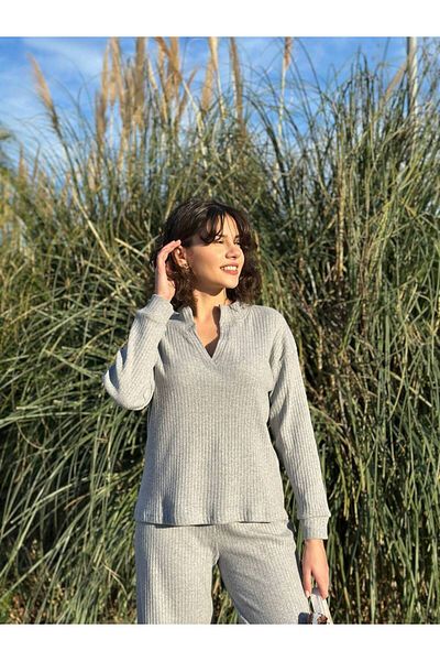 PÖRPIL Women's Ribbed V Neck Spanish Leg Knitwear Set Bottom Top