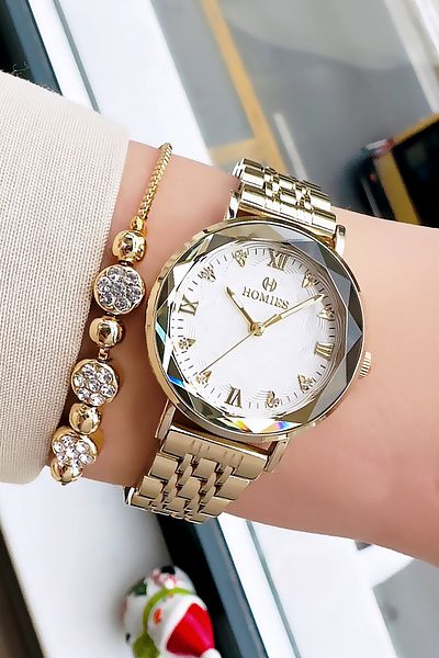 Homies Special Boxed Cutout Glass Women Wristwatch 3 Atm Waterproof Gold Color Steel Band+Bracelet Hmb3005C2