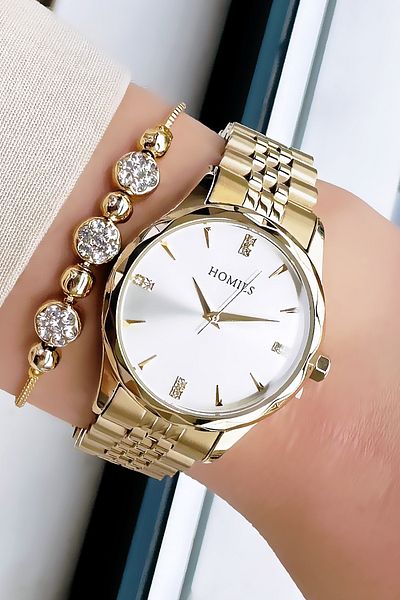 Homies Special Boxed Cutout Case Women Wristwatch 3 Atm Waterproof Gold Color Steel Band+Bracelet Hmb3010C1