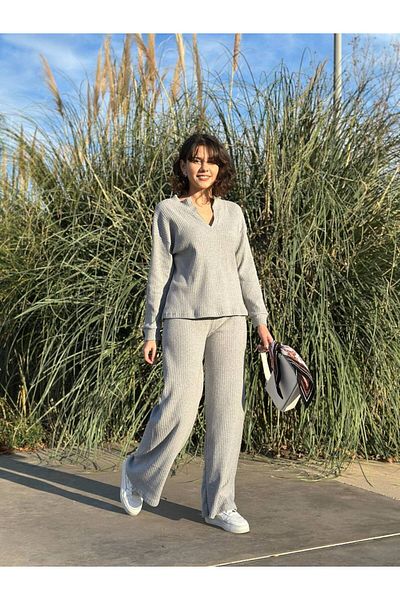 PÖRPIL Women's Ribbed V Neck Spanish Leg Knitwear Set Bottom Top