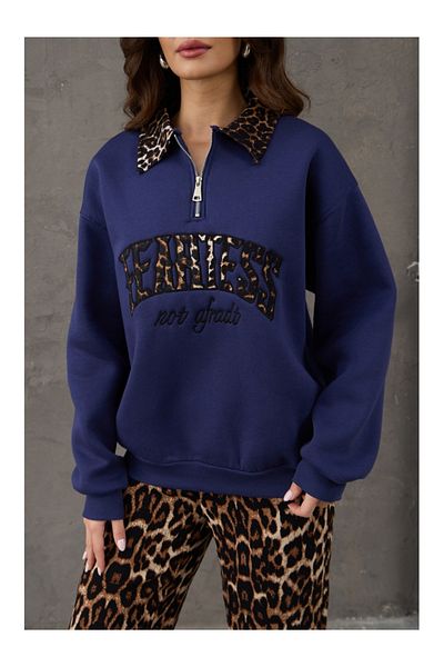 Elif Özbey Butik Transpirație cu gât polo cu broderie leopard bleumarin