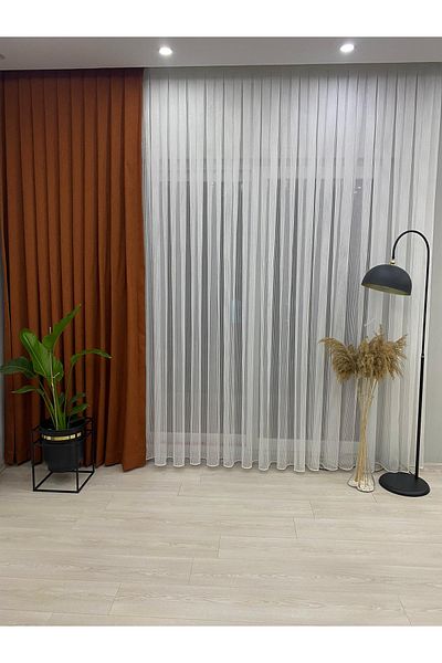 İNCİLİFE Ecru Colored Petran Tulle Curtain - Silver Glitter Stripes 1/2.5 Normal Medium Pleated