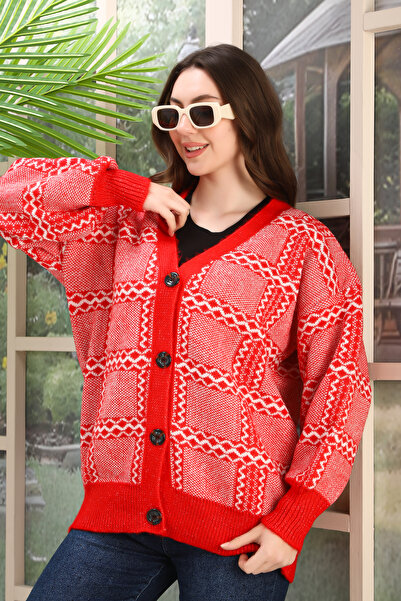 Kayaka triko Oversize Soft Heart Patterned Knitted Detail Buttoned Strickery ...