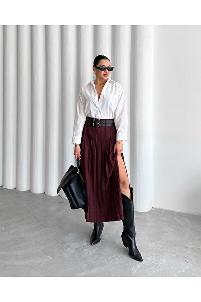 ŞULE BUTİK Дълга пола с висока талия, двоен колан и странични цепки