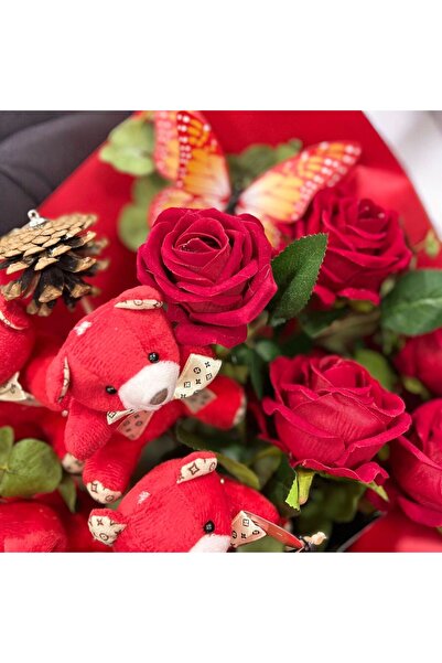 Home Kelebek Detaylı Sevgiliye ve Eşe Özel 5 Güllü 5 Ayıcık Buketi - Not Yazılabilir özel tasarım