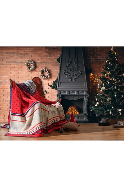 aktarteks Double Winter Cotton Blanket - New Year's Deer, Pine Tree Pattern