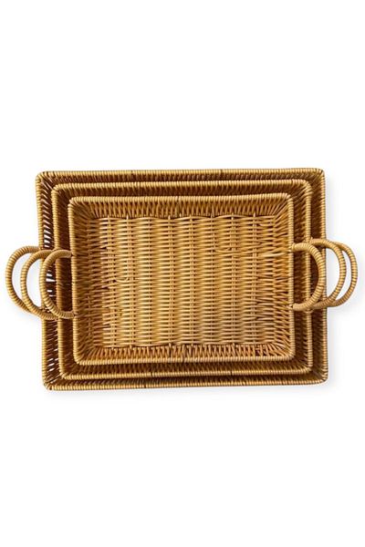 Enyaza Home 3-Piece Knitted Rattan Tray with Handle Rattan Rectangular Presentation Serving Tray, Tea Coffee Presentation Tray
