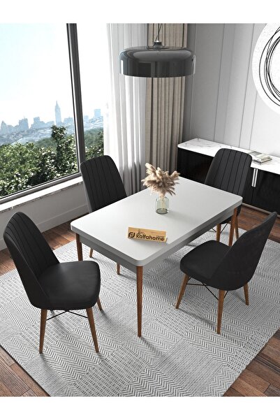 Kaffahome Riff 70x110 Beyaz 4 Kişilik Sabit Masa Sandalye Takımı Mutfak Masas...