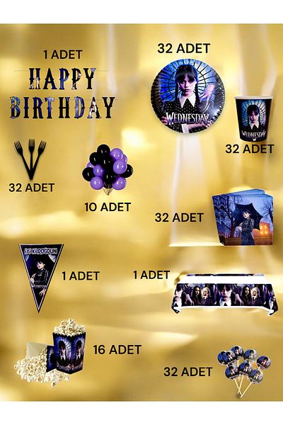 VibeHome Ultra-Luxury Set for 32 People with Wednesday Theme - Birthday Party and Fun Events