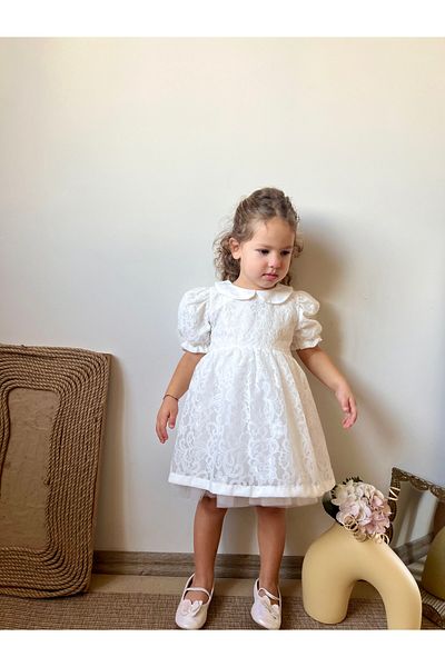 penu baby kids فستان بناتي بأكمام قصيرة من التول الداخلي مع ياقة من الدانتيل باللون الأبيض