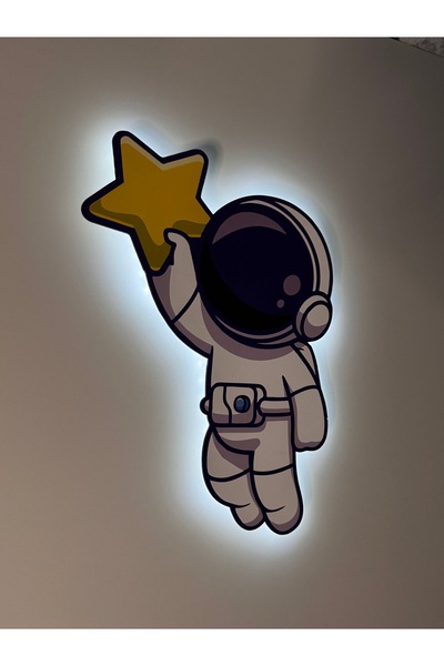 UViolets Dekoratif Ahşap Baskılı Yıldızı Tutan Astronot Çocuk Odası Gece Lambası 27*37