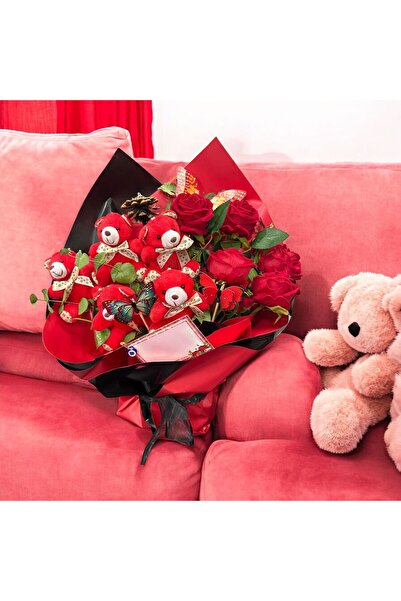 Home Kelebek Detaylı Sevgiliye ve Eşe Özel 5 Güllü 5 Ayıcık Buketi - Not Yazılabilir özel tasarım