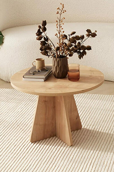 lefty Iskandinav Mantar Zigon Orta Sehpa 60 Cm Yuvarlak Salon Sehpası Dekoratif Sehpa Safir Meşe