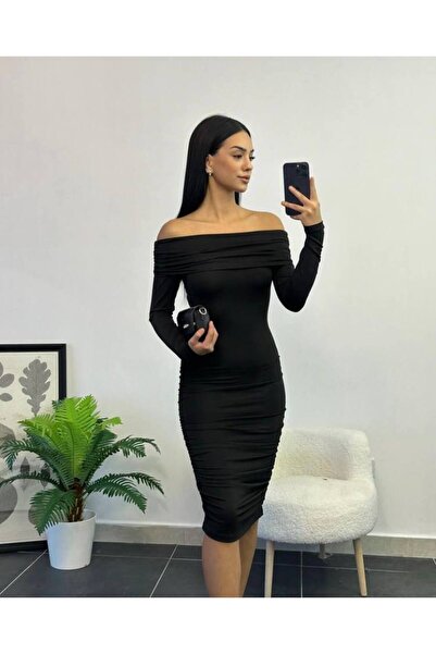 Ayfer Rochie midi cu mânecă lungă, cu guler Madonna, din țesătură nisipoasă, neagră