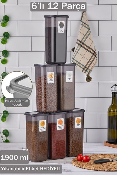 Home Emilia 6-Piece Anthracite 12-Piece Square Food and Pulses Storage Set - 6X1.90 Lt