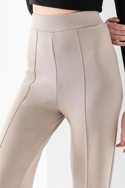 RuyaMood Pantaloni din țesătură modal cu nervuri de culoare piatră, cu talie înaltă, jambiere - potrivire lată și picior largi