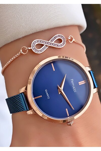 Ferrucci ساعة يد نسائية بسلك فولاذي رفيع باللون الأزرق الداكن - هدية سوار