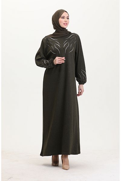 sefamerve Khakifarbenes Kleid mit elastischen Ärmeln und Strasssteinen – 0547-07
