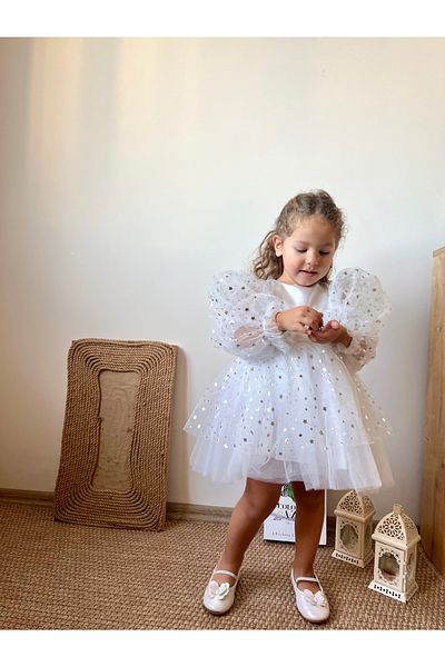 penu baby kids White Top Satin Skirt Star Printed Curved Long Sleeve Baby Girl Dress