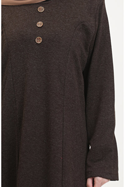 sefamerve Büyük Beden Düğme Detaylı Elbise 0533-02 Kahverengi