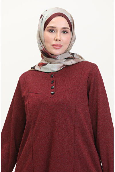 sefamerve Plus Size Button Detail Dress 0532-03 Burgundy