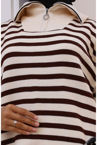 sefamerve Beige Colored Collar Zippered Striped Knitwear Set - 11029-07