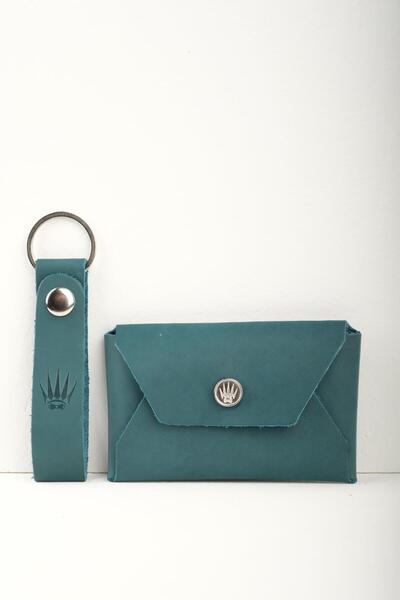 WATCHOFROYAL Set Clot Blue din piele naturală: portofel și breloc